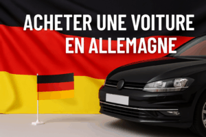 Voiture noire devant un drapeau allemand avec le texte "Acheter une voiture en Allemagne".