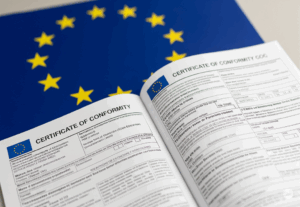 Certificat de conformité européen (COC) posé sur un drapeau de l'Union européenne.