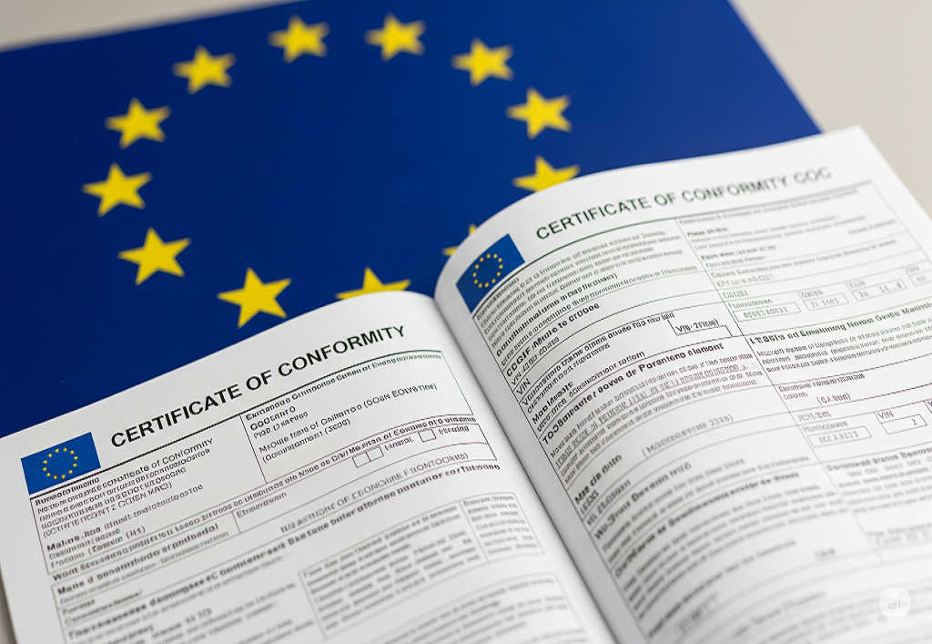 Certificat de conformité européen (COC) posé sur un drapeau de l'Union européenne.